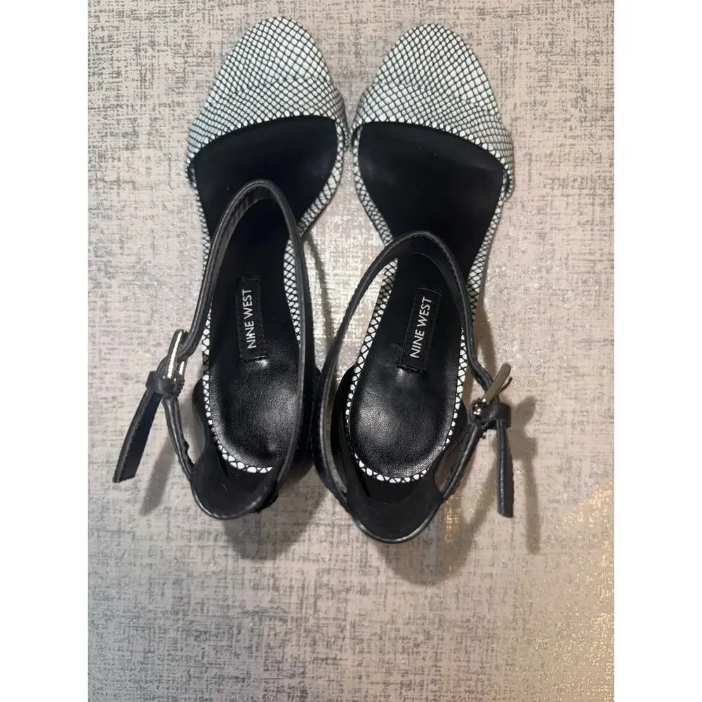 Nine West Black White Slingback Heels Open Toe Patterned Pumps